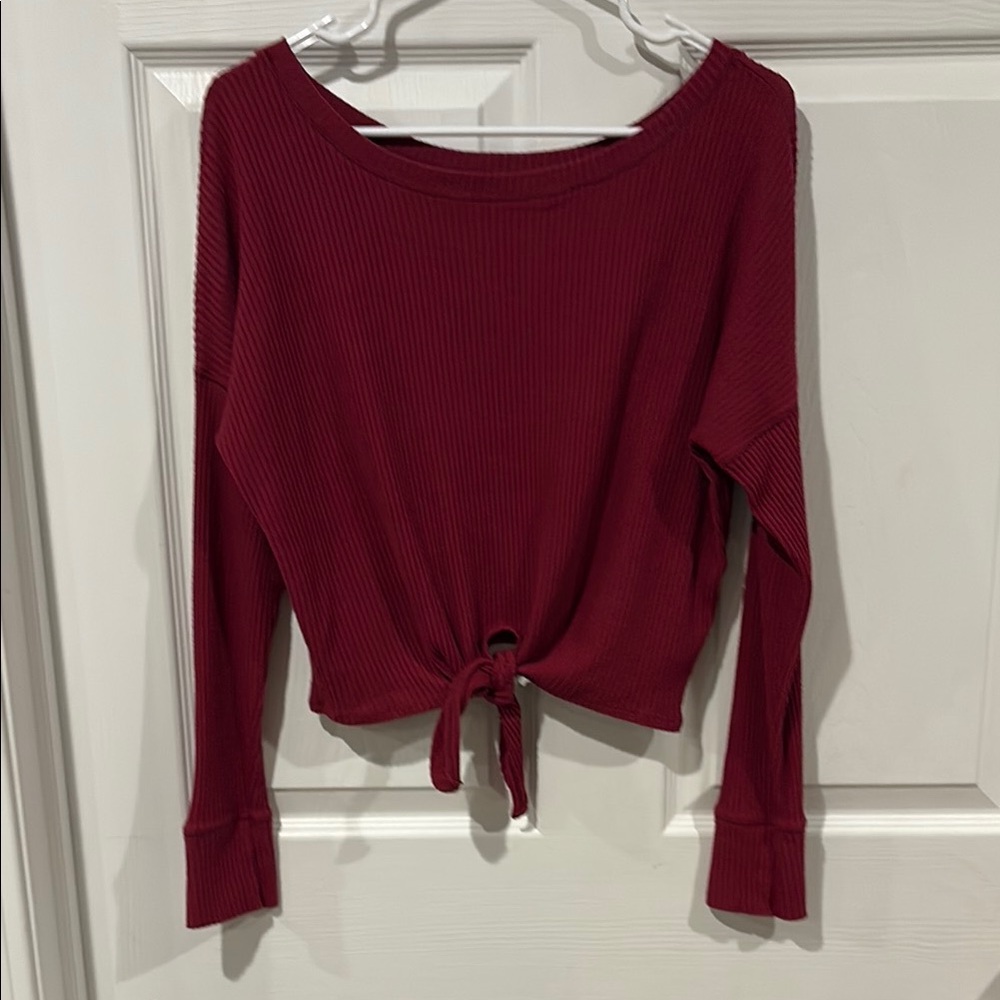 Abercrombie & Fitch Ribbed Tie-Front Crop Top in Wine